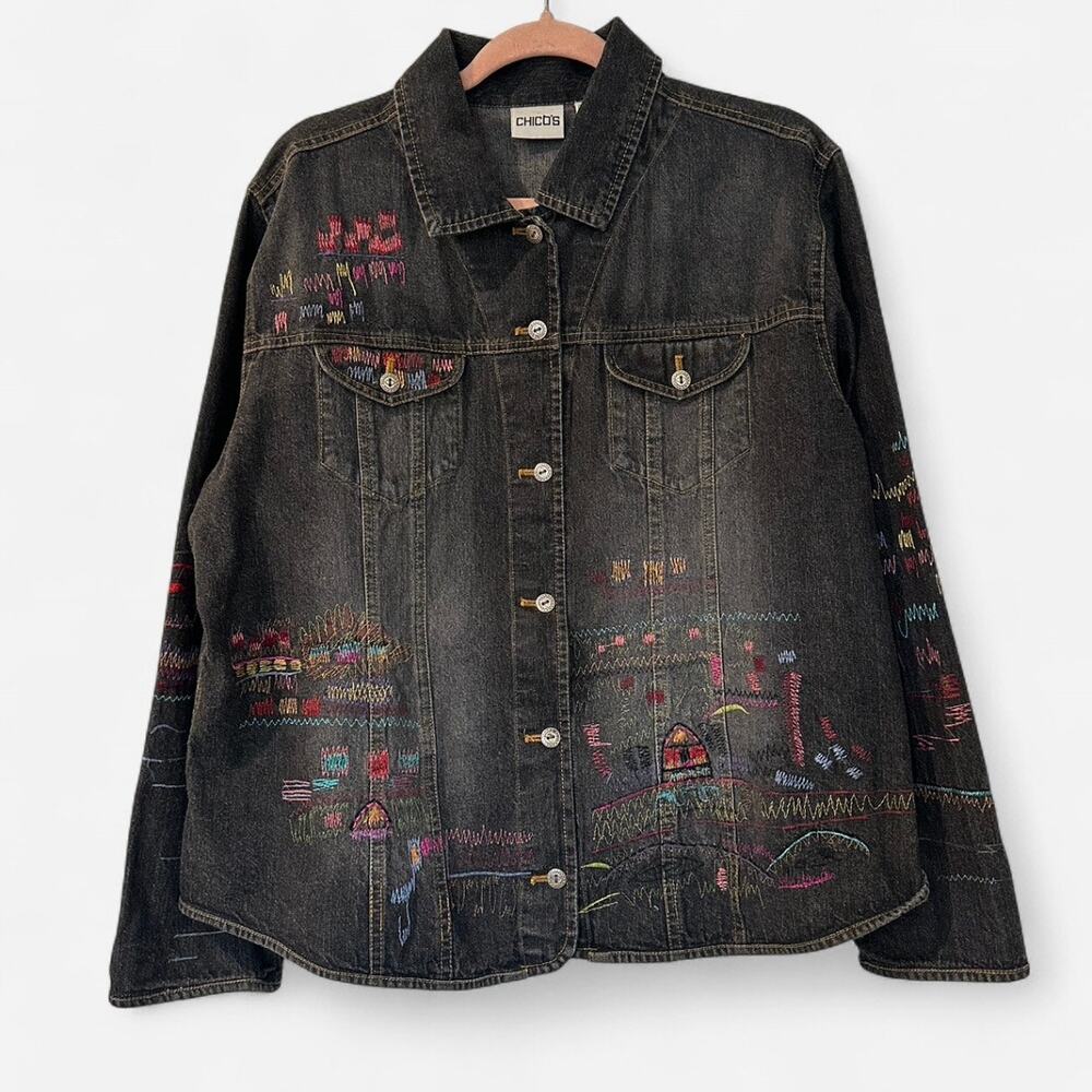 Chico’s Oversized Embroidered Black Denim Jean Jacket - Picture 7 of 12